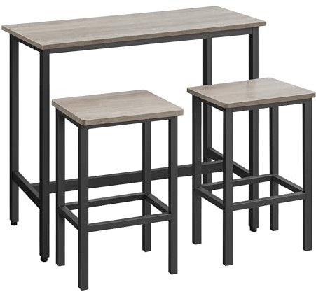 VASAGLE Bartisch mit Barhocker Set, Essgruppe, Stehtisch mit 2 Stühlen, Stahlgestell, Industrie-Design, Greige meliert-tintenschwarz LBT218B02