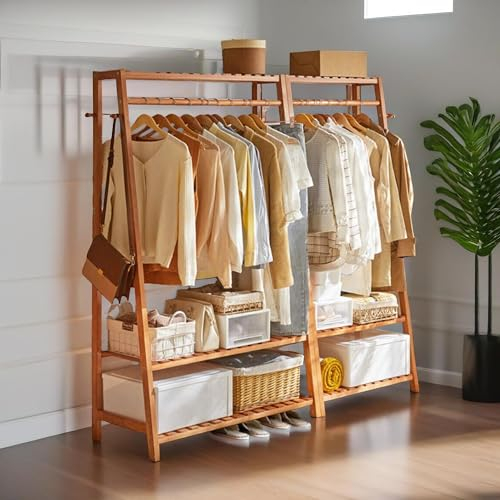 Rafaelo Mobilia Wooden Clothes Rail, Clothes Rack With Shoe Storage, Garment Rack, Open Wardrobes For Bedroom, Freestanding Clothes Rail, Clothes Storage