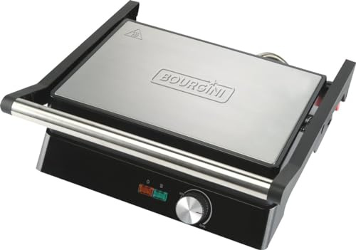 BOURGINI Barbacoa Panini Grill y Sandwichera - Revestimiento antiadherente - Tapa de natación - Acero inoxidable - Libre de BPA - Negro - Moderno