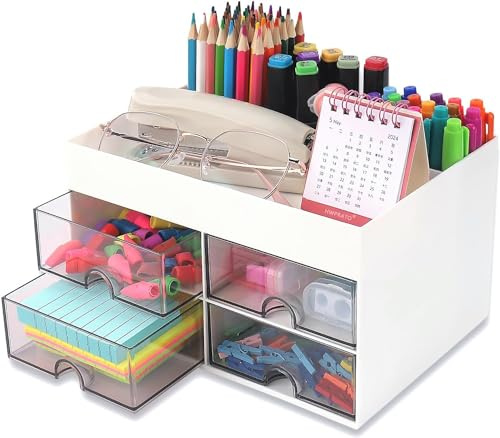 KAHEIGN Organisateur de Bureau avec 4 Tiroirs, 19CM x 14CM Organisateur de Bureau Multifonctionnel Porte-Stylo de Grande Capacité Organisateur de Maquillage pour Bureau École Maison Tableau (Blanc)