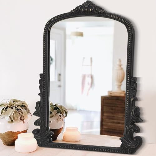 Black Antique Wall Mirror Arched Baroque Style Wooden Frame Arendahl Traditional Carved Hanging Mirrors for Wall Ornate Hanging Aesthetic for Living Room Bedroom Entryway Fireplace
