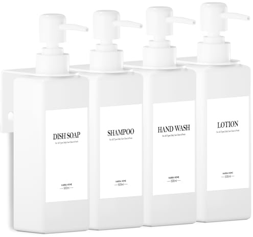Set di 4 dispenser di sapone da parete, 500 ml, bianco, dispenser per sapone da bagno senza foratura, in plastica, con imbuto ed etichette impermeabili, dispenser per shampoo per cucina, bagno