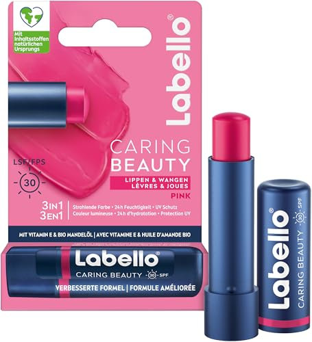 Labello Caring Beauty Pink Lippenpflegestift mit Farbe und Sonnenschutz, farbige Lippenpflege mit LSF 30, Vitamin E & Bio-Mandelöl, Lippenbalsam für Lippen & Wangen (4,8 g)