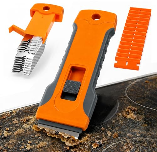 Wosyoodo Grattoir Plaque Vitrocéramique, 15 Lames Acier Carbone + 15 Lames Plastique, Double Jeu de Lames, Nettoyage Efficace et Sécurisé, Pour Toutes Tables de Cuisson Induction, Orange