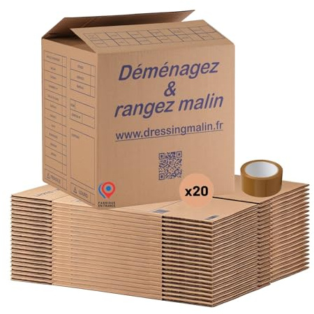 Lot de 20 Cartons Livres 34x26x32 cm – Fabriqués en France + 1 Rouleau Adhésif 68m | Multi-Usage & Robustes