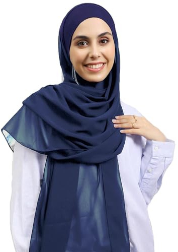 HURESON Instant Chiffon Hijab Set 3-in-1 Hijabs Scarf with Built-in Magnets and Undercap Head Wraps with Modal Cap (Navy 12#)