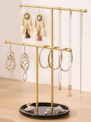 Jewelry Stand with Ceramic Tray, Necklace Holder, Gold Bar Black Base