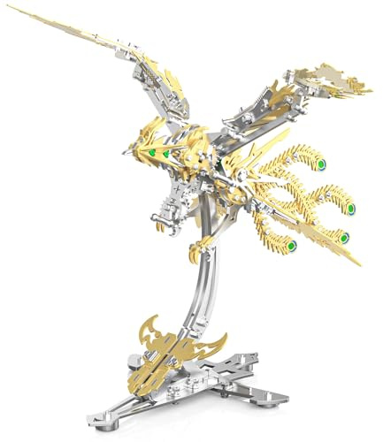 3D metallbyggsats drake, guld silver tvåfärg, mekanisk modell med gröna accenter, displaystativ ingår