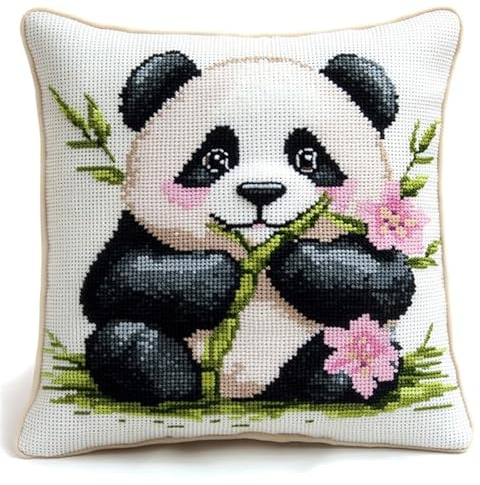 XDEGHUANGSS Gancio di chiusura per cuscino fai da te ricamo cuscino per uncinetto artigianato con tela stampata a motivo 17X17-Panda carino