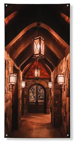 Farol rústico para puerta, pancarta decorativa, pared de piedra vintage y faroles, decoración de puerta delantera, suministros de festival de otoño para interiores y exteriores, 36 x 72 pulgadas