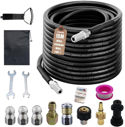 15M High Pressure Washer Drain Pipe Hose Cleaning Kit, Compatible with Karcher K2 - K7 Series & Bosch AQT, 400 Bar Sewer Jetter Hose, Drain Jetter for Pressure Washer Ideal for Drains,Patios,Driveways