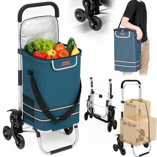 BAKAJI Carrello Spesa Montascale 3 in 1 Pieghevole per Trasporto con Capacità 56 Litri, Carrellino a Mano Portaspesa con Borsa Refrigerante, Carico Massimo 30kg, Manico Ergonomico, Tracolla (Blu)