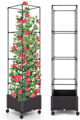 COSTWAY Växtstöd med blomlåda på hjul, trädgård obelisk justerbar höjd, belagd metall och PP, spaljé med växtlåda och självbevattning, för blommor, klätterväxter, 40 x 40 x 170 cm