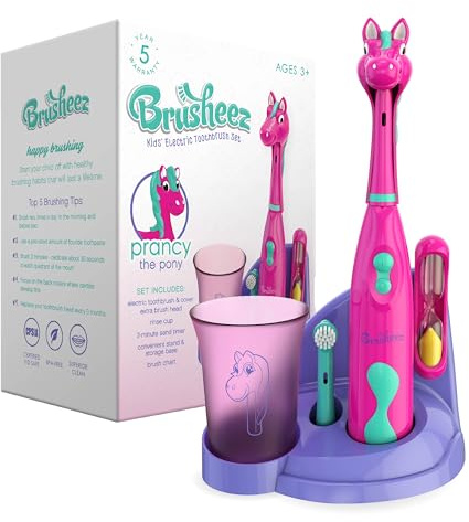 Brusheez Kids’ Electric Toothbrush Set - Safe & Effective for Ages 3+ - Parent Tested & Approved with Gentle Bristles, 2 Brush Heads, Rinse Cup, 2-Minute Timer, & Storage Base (Prancy the Pony)