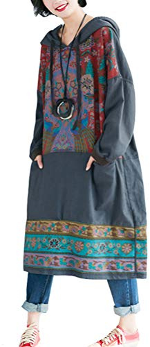 FTCayanz Women's Oversized Cotton Dresses Ethnic Printed Fall Dress Pockets - - Large