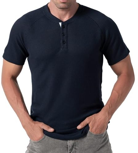 MANLUODANNI T-Shirts à Manches Courtes Henley Col Rond pour Homme T-Shirts Casual Henley Hauts pour Fitness Bleu L