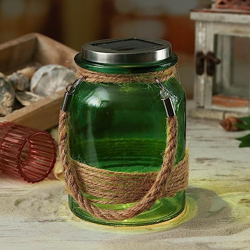 LED Solarglas - Windlicht mit Juteseil - Glas - warmweiße LED - Lichtsensor - H: 16cm (grün)