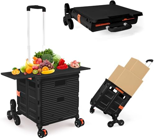 Foldable Utility Cart with Stair Climbing Wheels,Collapsible Rolling Crate with Magnetic Lid Telescopic Cover,Telescoping Handle,360° Rotate Wheel Hand Cart for teacher Shopping Moving Grocery(Black)