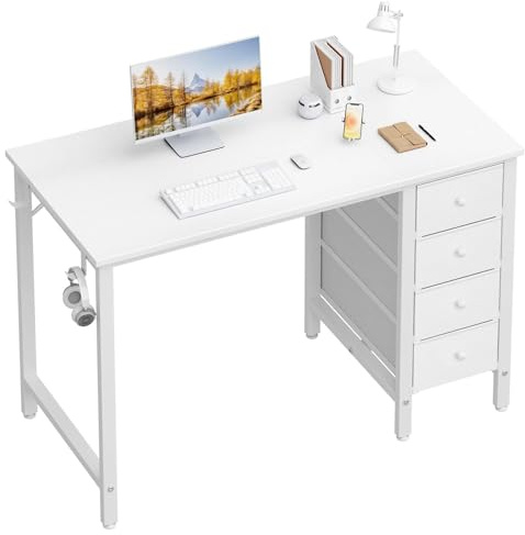 Lufeiya Small White Desk with Fabric Drawers, Kids Girls Teen Study Desk 100cm for Bedroom Work, Reversible Computer Writing Table Desks with Drawer for Small Spaces Home Office