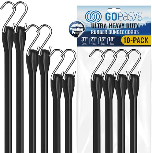 GOEASY0312 Rubber Bungee Cords with Hooks - Heavy Duty Max Stretch 1.8X & Over 180 LBS Load, 100% EPDM Bungee Straps, 10, 15, 21, 31 (10 Pack) for Cargo, Trucks & Outdoor Extreme Weather Use