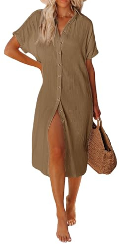 UMIPUBO Copricostume Donna Mare Bikini Cover Up Lungo Costume da Bagno Coprire Kaftano Mare in Cotone con Bottoni Vestito Spiaggia Copri Costume da Spiaggia Casual Estivo Beachwear (Marrone, L)