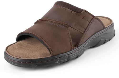 riemot Mens Leather Sandals Memory Foam Footbed Summer Beach Sandal Indoor Outdoor Thick Sole Non-slip Lightweight Slides Brown EU47/US14