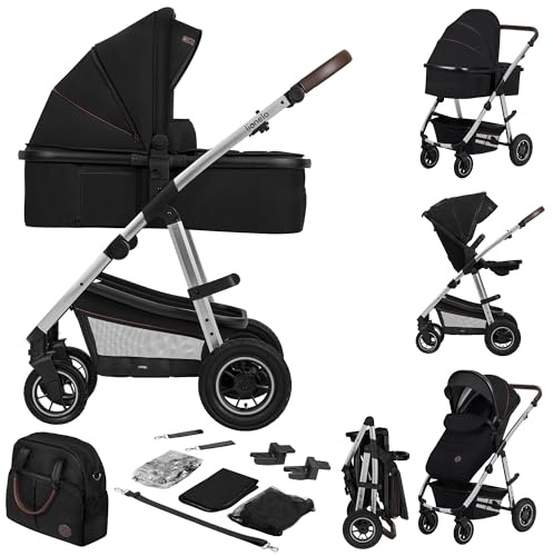 LIONELO Amber 2‑i‑1 Kombivagn med Liggdelsinsats och Vändbar Sittdel | Från Nyfödd till 22 kg, Luftfyllda Terränghjul, UPF50+ Solskydd, Kompakt Hopfällning, Tillbehör Inkluderade