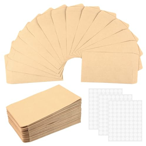 200 stycken förpackningspåsar, 8 x 12 cm, små bruna papperspåsar, små påsar | Förpackningspåsar, minikuvert, kraftpapperspåsar med 200 stycken klistermärken för frön, mynt, smycken, gästpresenter