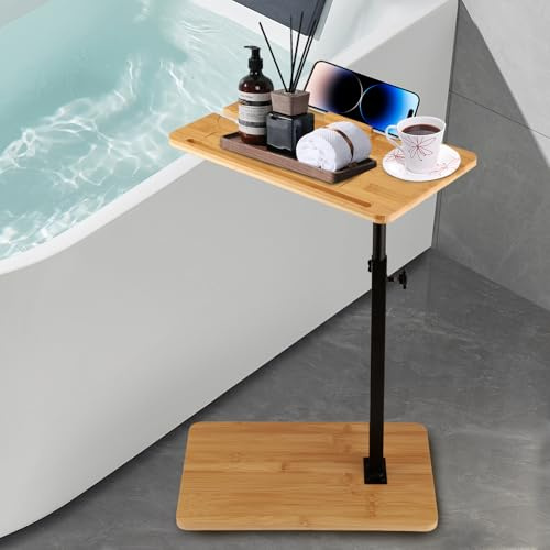 Strixorn Adjustable Height C-Shaped Side Stand, 360° Swivel Couch Side Stand in Small Space, Bamboo Bathtub Tray with Adjustable Height for Living Room Sofa or Bedroom