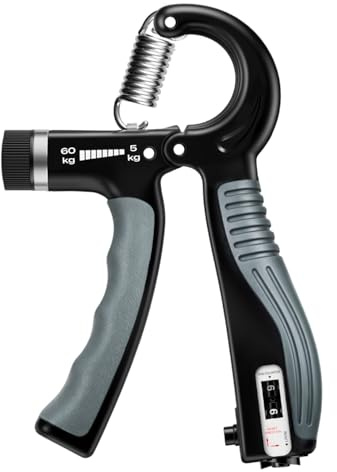 Entrenador de fuerza manual – Resistencia ajustable de 11 a 132 lbs/5 a 60 kg. Entrenador de agarre y antebrazo con contador inteligente para deporte y rehabilitación (negro-gris, 5–60 kg)
