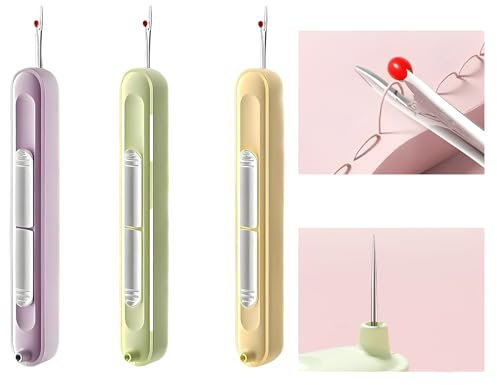 Mulomir 3 Stück Steckbarer Nadeleinfädler, 2 in 1 Nadeleinfädler Nahttrennwerkzeug, Dehnbarer Entferner Nadeleinfädelwerkzeug für Handnähen, Stricken, Handwerk, Quiltzubehör