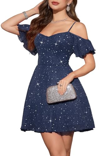 Meetjen Womens A Line Cocktail Party Dress Glitter Prom Swing Spaghetti Straps Short Bridesmaid Dresses Navy L