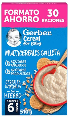 Gerber Papilla Multicereales Y Galleta 0% Azúcares Añadidos Ni Producidos, A Partir De Los 6 Meses, 510 G
