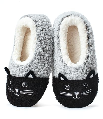 Hygknixx Cat Slippers for Women Cute Fuzzy Plush Soft Sole Slipper Socks with Non Slip Grippers Adult Size 7-8