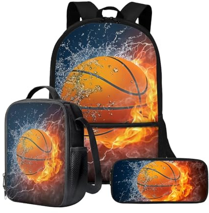 Wnbucioht 3-i-1 ryggsäck för barn pojkar skola bokväska set med isolerade lunchväskor pennhållare skolväskor set, En flamma basket, En storlek, Skolväska set