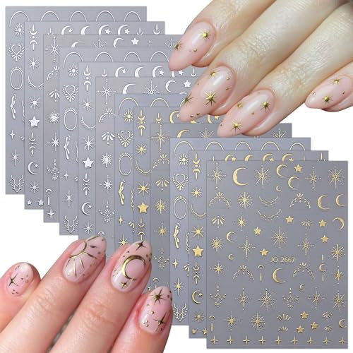 JMEOWIO Nagelsticker Gold Silber Mond Stern 12 Blatt Nail Art Sticker Selbstklebend Nagelaufkleber Dekoration Nageldesign Zubehör