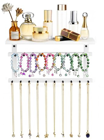 Emfogoo Porte Bijoux Mural, 3 Niveaux Présentoir Bijoux en Bois, Porte Collier avec 19 Crochets et Plateau, Porte Bracelet Collier pour Salon, Chambre à coucher, Salle de Bain (Blanc)