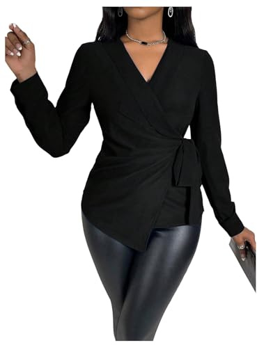MakeMeChic Women's Wrap Tops V Neck Blouse Business Dressy Shirt Tie Side Long Sleeve Going Out Top Black Medium