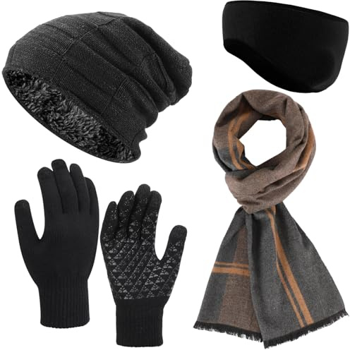 Jeere 4 Pcs Men's Winter Hat Scarf Gloves Earmuff Set Warm Gift, Black,Gray