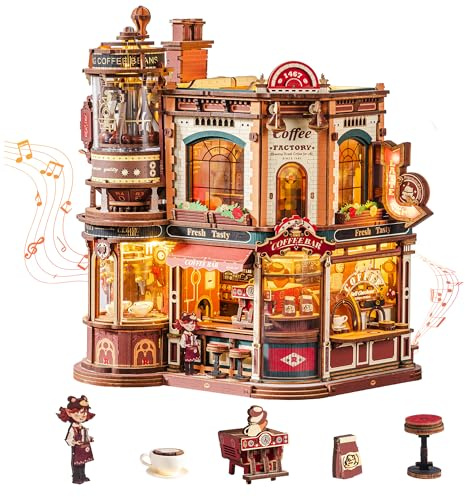 ROKR Dream Coffee Factory EAB02 Maison de Poupée Miniature DIY avec Boîte à Musique pour Adultes, Modèle Mécanique avec Pièces Mobiles, Lumières LED et Musique Jazz, Cadeau Créative