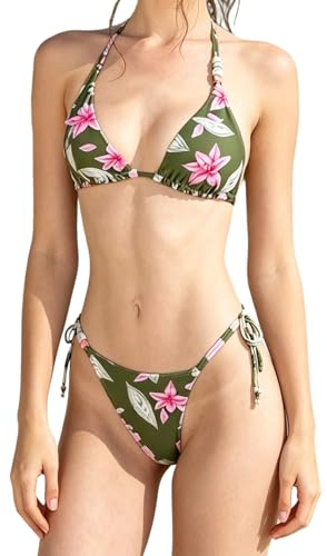 Stycke blommönster Trikini baddräkt set justerbar hals rygg knytning halterneck badkläder för strand semester snygg baddräkt