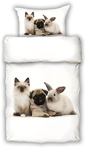 Schwanberg Bettwäsche Tierische Freunde Renforcé Bettgarnitur Hund Katze Hase Wendeoptik Tiermotiv, Größe:135 cm x 200 cm