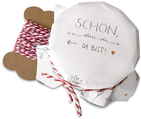 25 Marmeladendeckchen - schön, dass du da bist - Gläserdeckchen Weiß mit Handlettering Blumen für Marmelade, Marmeladengläser & Einmachgläser, Recyclingpapier Abreißblock + 10 m Garn + Justiergummi