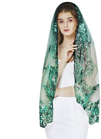 TINAYAUE Velo de encaje para mujer, velo de novia con lentejuelas, velo de novia delicado patrón suave velo con peine de inserción, bufanda de tul, velo de mantilla católica, verde, 80-100 cm