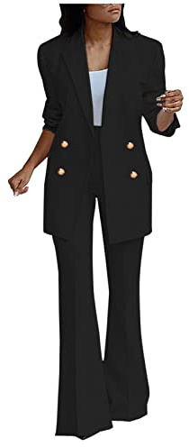 HAOLEI Women's Two-Piece Suit Set Plain Trouser Long Sleeve Notched Double Breasted Blazer Jacket + Bootcut Pants Solid Work Business Office Casual Smart Sets Ladies UK Clearance Black, L
