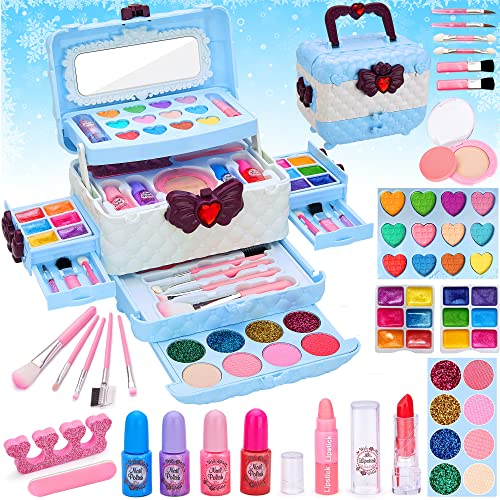 Chennyfun Kinder Schminkkoffer Mädchen Spielzeug, Kinderschminke Set Mädchen,Ungiftiges & Waschbares Kinderschminke Geschenk Set,Schminkkoffer Mädchen Rollenspiel Spielzeug ab 3 Jahren(Blau und weiß)