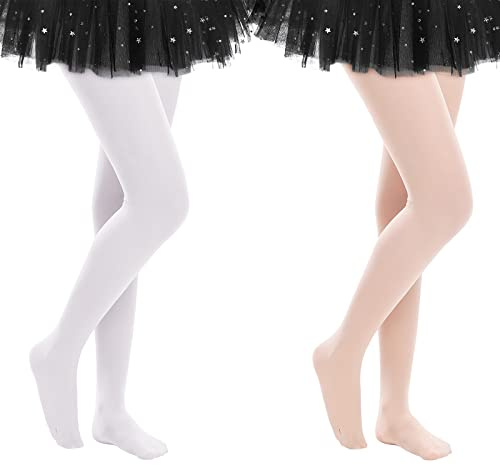 Dance Tights for Girls - Toddler Ballet Tights, Footed Stockings for School Uniform Pants & Leggings - White & Peach Pink, 2 Pairs, Size 6-9 Years