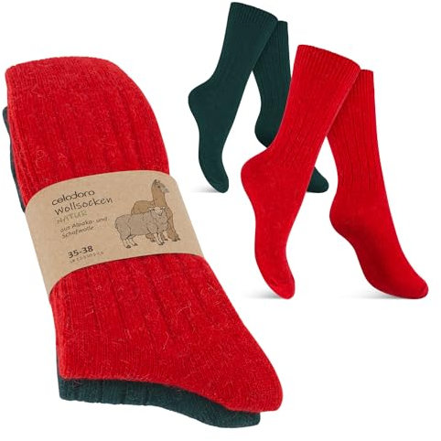 Celodoro Damen Herren Wollsocken mit Alpakawolle - 2 Paar Rot Grün 39-42