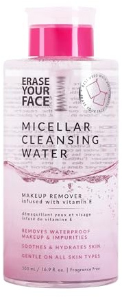 ERASE YOUR FACE Micellar Cleansing Water - Hydrating Micellar Water to Help Remove Makeup, Cleanse Skin & Reveal a Soft, Radiant Complexion - Suitable for Sensitive Skin (16.9 Fl Oz)