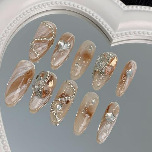 Amber Halo Dyed Handmade Wearable Nail Products with Removable Nail Patch for Autumn and Winter Whitening and Nail Beauty (Size : M)